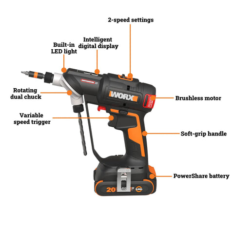 Beast 20V Cordless Drill Driver With Brushless Motor, 445 Inch-Pound Torque, side view showing features and PowerShare battery.