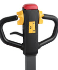 Apollo Full Electric Pallet Jack With 3300 Lbs Capacity And Forty Eight By Twenty Seven Inch Forks control handle featuring buttons for easy operation.