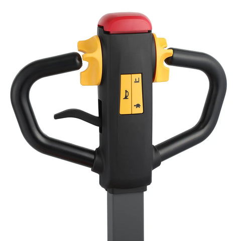 Apollo Full Electric Pallet Jack With 3300 Lbs Capacity And Forty Eight By Twenty Seven Inch Forks control handle featuring buttons for easy operation.