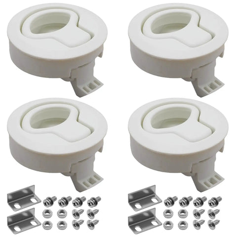 Four Piece Set Of Two Inch White Abs Plastic Flush Pull Slam Latches Built To Handle The Elements On Marine Boats And Live Fish Tanks With A Dead Simple Install And Super Solid Lock, including mounting hardware.