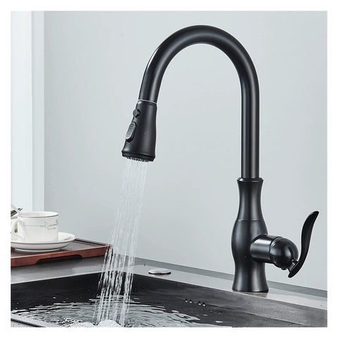 GAZOGJ Black Kitchen Faucet Pull Down Sink Mixer Tap 360°Rotation Single Lever Water Crane in sleek black design.