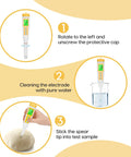 Food pH Meter For Sourdough And Bread Dough instructions, showing needle probe for liquid and solid samples, yellow design.