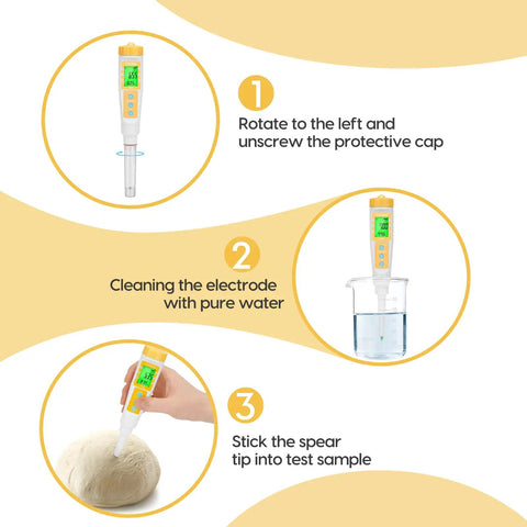 Food pH Meter For Sourdough And Bread Dough instructions, showing needle probe for liquid and solid samples, yellow design.