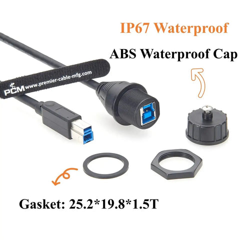 IP67 Waterproof USB 3.0 Type B Bulkhead Panel Mount Cable USB B Male To Female Extension Cable 5Gbps Built For Printers, PLCs, HMIs, CNCs, Industrial Cams And Machine Vision 0.3m ABS cap and gasket