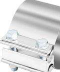 Close-up of Beefy Stainless 5 Inch Exhaust Band Clamp Butt Joint Sleeve Coupler with bolts and smooth finish
