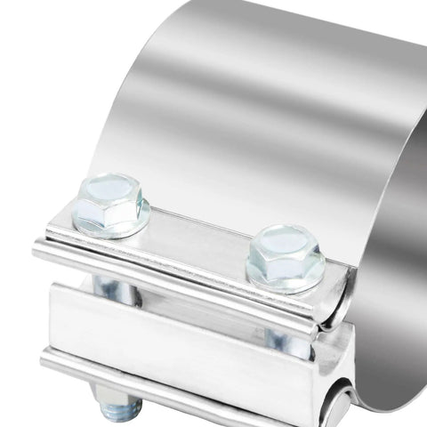 Close-up of Beefy Stainless 5 Inch Exhaust Band Clamp Butt Joint Sleeve Coupler with bolts and smooth finish