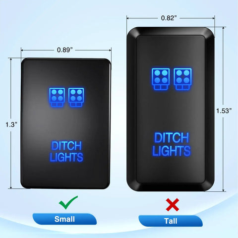 Comparison of two push button switches with blue LED for ditch lights, labeled small and tall, for Toyota 12V Push Button Ditch Lights Switch With Wire Kit Replacement SPST On Off 1.28 By 0.87 Inch For Sequoia Highlander Tacoma Tundra 4Runner RAV4 Yaris Built For Your Rig