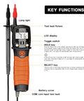 Close-up of Pocket Pen Multimeter BT-38B showing backlit LCD, test lead fixture, and buttons. For DIY electronics and voltage checks.