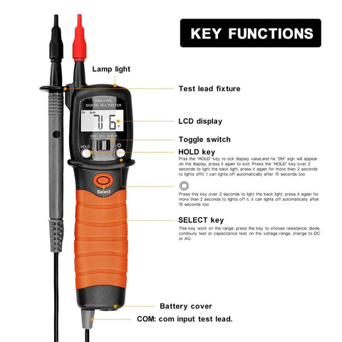 Close-up of Pocket Pen Multimeter BT-38B showing backlit LCD, test lead fixture, and buttons. For DIY electronics and voltage checks.