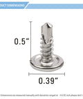 Badass 100 Pack Number 8 X Half Inch 410 Stainless Wafer Head Phillips Self Drilling Sheet Metal Tek Screws showing dimensions of 0.5" height and 0.39" diameter.