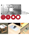 Premium Aluminum Router Table Insert Plate For Woodworking Benches With Four Secure Centering Rings and Pro Level Dead On Mounting Kit.