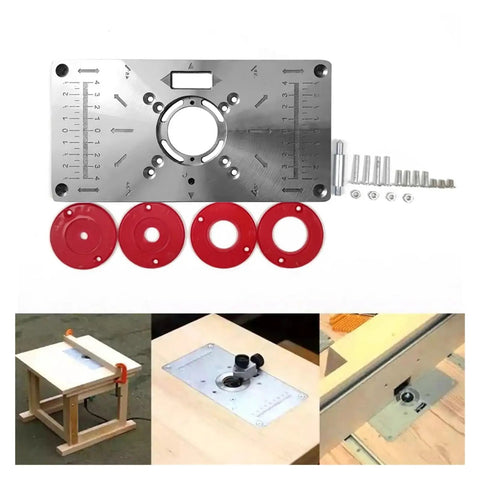 Premium Aluminum Router Table Insert Plate For Woodworking Benches With Four Secure Centering Rings and Pro Level Dead On Mounting Kit.