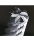 Close-up of six flute carbide end mill square cutter with fifty degree high helix, Balzers PVD coating, ultra fine grain tungsten carbide.