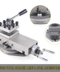 AT300 lathe tool holder and post assembly, front view, metal with dual chrome handles and adjustable dial base