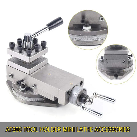 AT300 Lathe Tool Post Assembly Dope Quick Change Tool Rest, mini lathe accessory, durable cast iron, shown from side angle