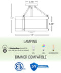 Diagram of Rustic Farmhouse 14 Inch 3 Light Semi Flush Mount Ceiling Light with dimensions and bulb types, ETL certified.