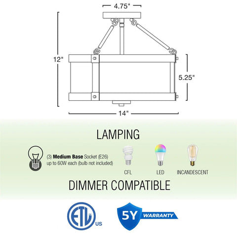 Diagram of Rustic Farmhouse 14 Inch 3 Light Semi Flush Mount Ceiling Light with dimensions and bulb types, ETL certified.