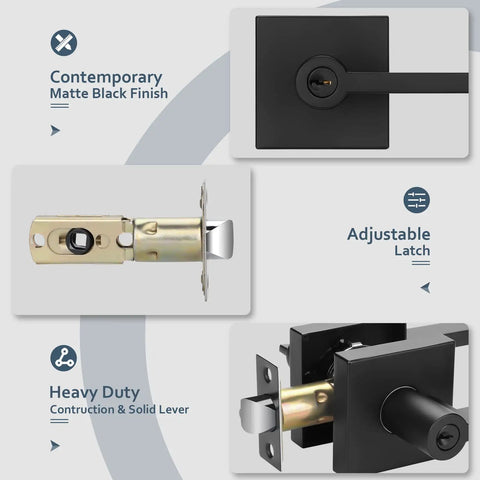 3 Pack Matte Black Door Levers With Lock And Key, Keyed Alike Interior Exterior Door Hardware, Modern Entry Door Handle Set