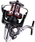 Surf Spinning Reel Size 10000 12000 for Saltwater Fishing with full metal frame, visible red CNC spool and carbon finish.