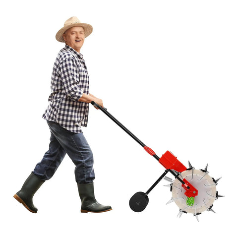 Person using 10 Nozzle Hand Pushed Seeder With 8.27 Pounds Seed Storage Box Adjustable Sowing Quantity And Depth Wheeled Planter
