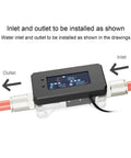 Inline PC Water Cooling Flow Meter with OLED display showing coolant flow rate, temperature, and RPM. Inlet and outlet labeled.