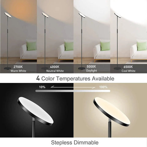 RGB LED Floor Lamp With Remote 36W 3600LM 69 Inch Tall Torchiere showing 4 color temperatures in a living room setup