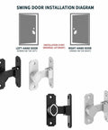 Swing door installation diagram showing left and right-hand doors with premium aluminum sliding barn door lock features.