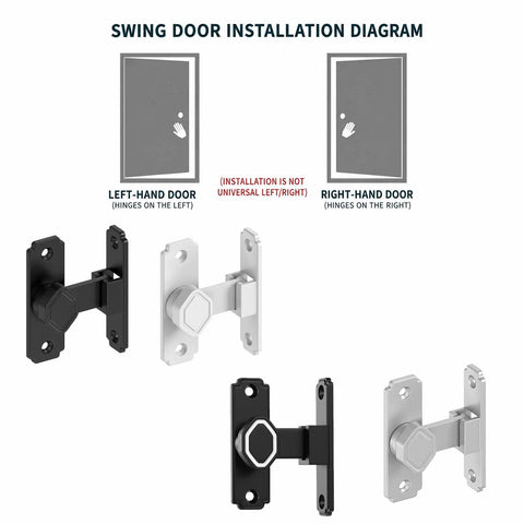 Swing door installation diagram showing left and right-hand doors with premium aluminum sliding barn door lock features.
