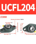 UCFL204 Pillow Block Bearing 20mm Bore Mounted Pillow Block Chrome Steel Bearings with size measurements and specifications.