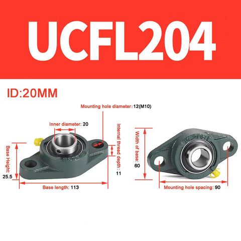 UCFL204 Pillow Block Bearing 20mm Bore Mounted Pillow Block Chrome Steel Bearings with size measurements and specifications.