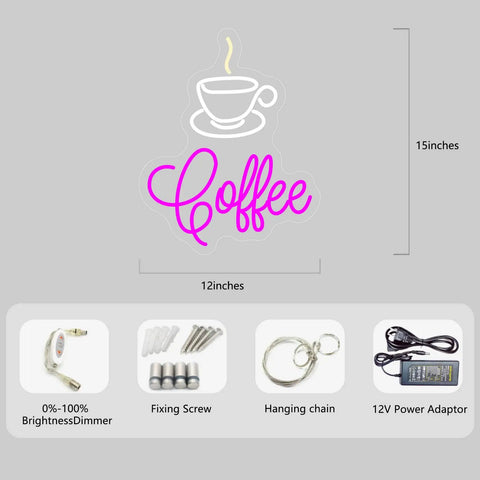 Coffee Cup LED Neon Sign For Home, Cafe, Bar, Or Office, 15x12 inches, includes dimmer, screws, chain, power adaptor