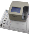 Heavy Duty Electronic Document Stamp Slick AutoShift Multi Line Printer on printed paperwork with a digital display.