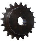 50 Pitch Roller Chain Sprocket With 20 Teeth And One Inch Bore Built To Last 50B20-1 50BS20H-1 ANSI Carbon Steel Heat Treated Teeth Keyway Slot And Set Screws For Industrial Chain Drive, black sprocket front view