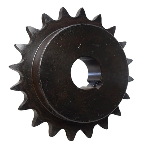 50 Pitch Roller Chain Sprocket With 20 Teeth And One Inch Bore Built To Last 50B20-1 50BS20H-1 ANSI Carbon Steel Heat Treated Teeth Keyway Slot And Set Screws For Industrial Chain Drive, black sprocket front view