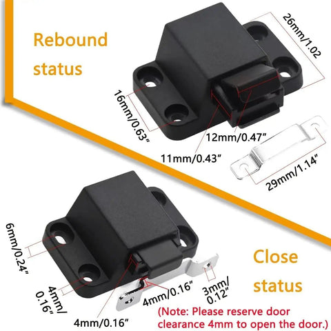 Diagram showing dimensions of self closing push to open door latch cabinet hardware in rebound and close status