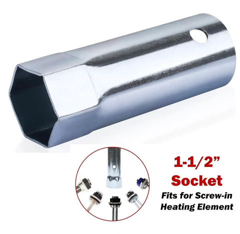 Plug And Play Electric Water Heater Tune Up Kit With Thermostat Set And Element Wrench showing 1-1/2 inch socket.