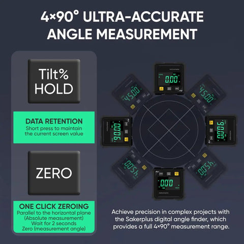 Dead Accurate Digital Angle Finder Measuring Tool With Heavy Duty Magnetic Back And Large LCD Numbers For Woodworking Metalworking And Masonry DIY Builds showing 4x90° angle measurement display.