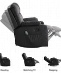 Oversized Swivel Rocker Recliner With Heated Massage, 40 Inch Rocking Chair In PU Leather, showing various recline angles