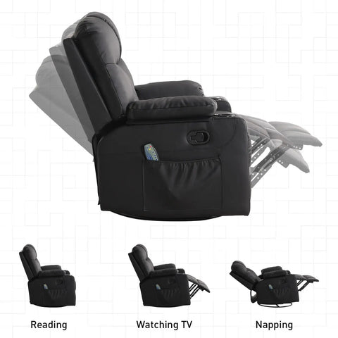 Oversized Swivel Rocker Recliner With Heated Massage, 40 Inch Rocking Chair In PU Leather, showing various recline angles