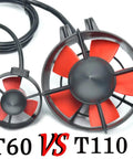 Comparison of T60 and T110 thrusters with red blades and black casing for Beefy Underwater Thruster Max 24V 1080W Brushless Motor.
