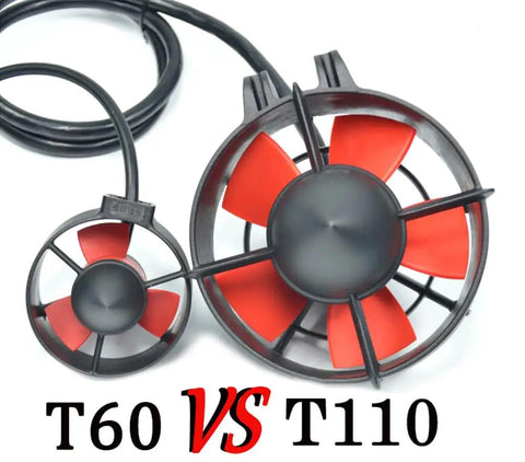 Comparison of T60 and T110 thrusters with red blades and black casing for Beefy Underwater Thruster Max 24V 1080W Brushless Motor.