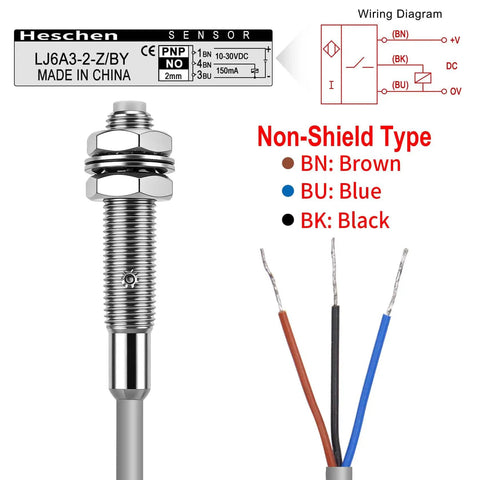 Inductive Proximity Sensor Switch M6 Non Shield PNP Normally Open 3-Wire, 2mm Sensing Distance, 10-30V DC, 150mA, 200cm Cable
