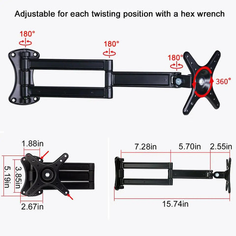 Heavy Duty Fold Down Wall Bracket For Tight Squeeze Areas And Over Bed Reading Stand showing adjustable pivot arm dimensions 15.74in.