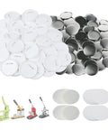 No Sweat Three Inch Button Maker Supplies Kit 100 Sets 400 Pieces Total, featuring white plastic pin backs and shiny metal covers.
