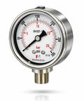 Front view of 2.5 Inch Glycerin Filled Pressure Gauge 0 To 300 PSI 20 Bar with stainless steel case, lower NPT mount.