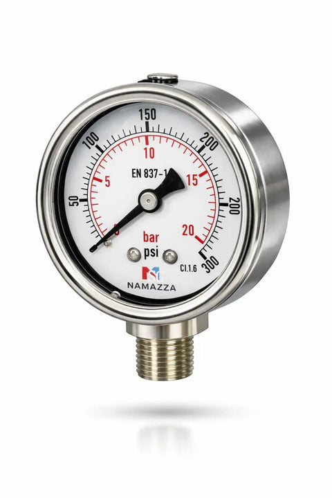 Front view of 2.5 Inch Glycerin Filled Pressure Gauge 0 To 300 PSI 20 Bar with stainless steel case, lower NPT mount.