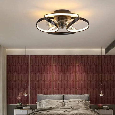 Swanky Smart Ceiling Fan Light Featuring Invisible Blades And Wireless App Control For A Chill Home Vibe Includes Dual Remote Dimmable Led Bulbs And Super Quiet Operation in a modern bedroom.