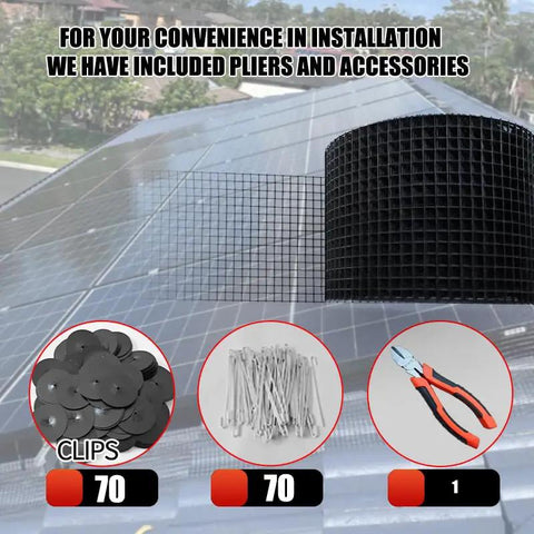 Lock Down Your Roof With This Heavy Duty Solar Panel Protective Net Stops Freeloading Critters Dead In Their Tracks Comes Loaded With Fasteners For A Super Smooth Rooftop Setup, included accessories and fasteners displayed.