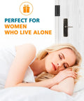 Heavy Front Door Lock For Kids Safety And Home Security Reinforcement With Four Long Screws Built To Handle Eight Hundred Pounds, used by a woman lying in bed.