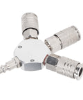 Three Way Air Manifold 1/4 NPT Male Thread Aluminum Alloy Pneumatic Fitting For Industry Self Locking Quick Connect One Hand Operation High Hardness Lightweight Durable Pneumatic Adapter on white background